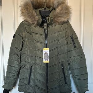 Nautica Women's Olive Puffer Jacket with Faux Fur Hood